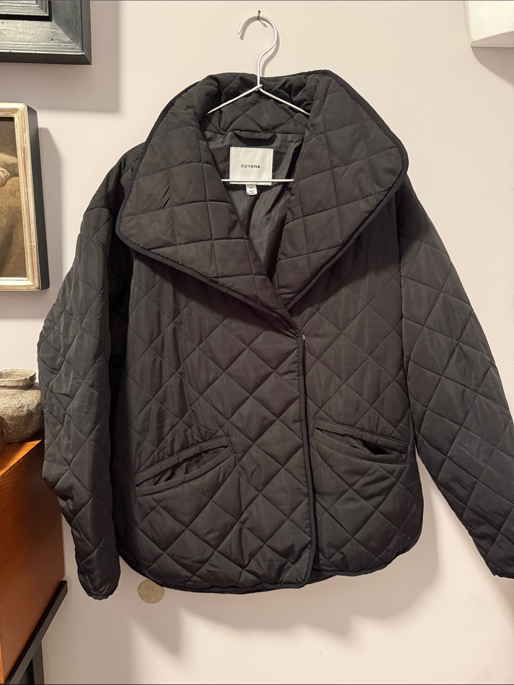 Cuyana Black Quilted Puffer Jacket with Shawl Collar
